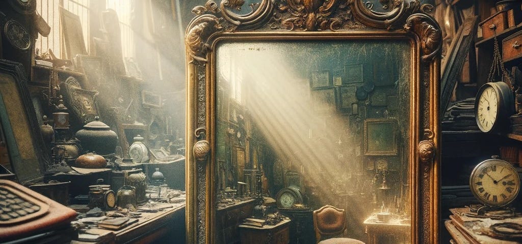 An antique mirror in a cluttered pawnshop.