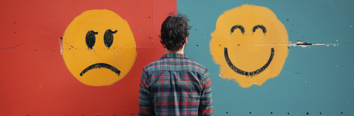 A man standing in front of a wall with a happy face and a sad face painted on the wall