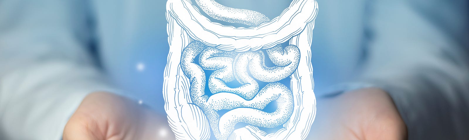 A person extends both arms below an illustration of a colon.