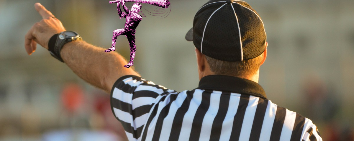 A referee in a striped jersey extends his arm to make a call; perched upon his arm is a vintage newspaper political cartoon of Roosevelt as a trustbuster, swinging a club.