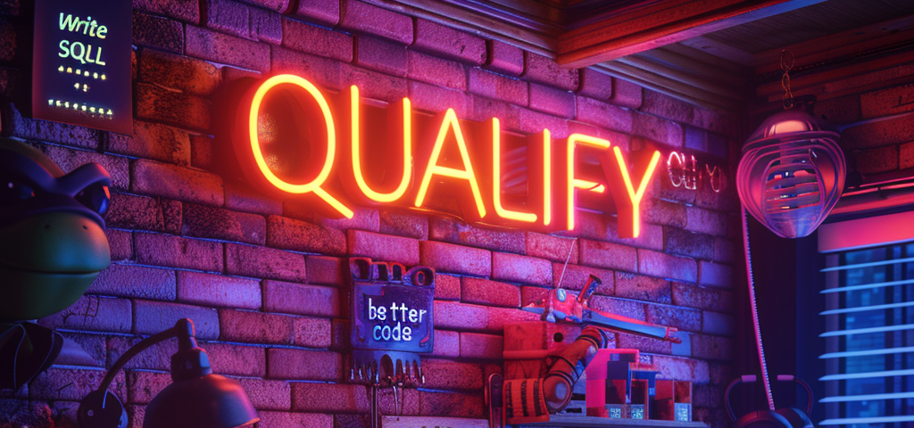 Neon lamp with the word ‘QUALIFY’ glowing on a wall, created using Midjourney.