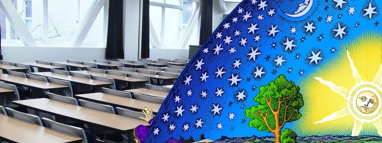 Illustration of a purple-robed mage with a staff crawling through a wilderness with six-pointed stars in the sky and a stylized sun and moon, peering into a modern classroom with empty desks