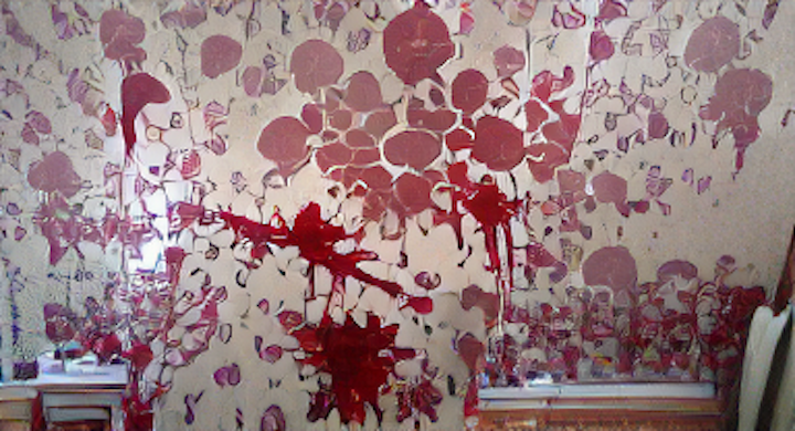 AI generarted picture of bloodspatter on a bedroom wall