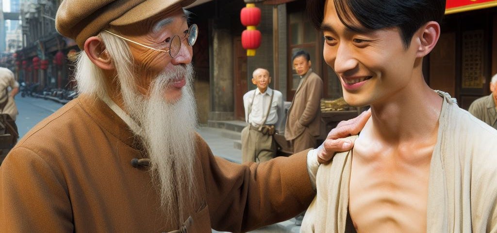 an older chinese man in olden day work clothes meeting a thin hungry younger chinese man on the streets