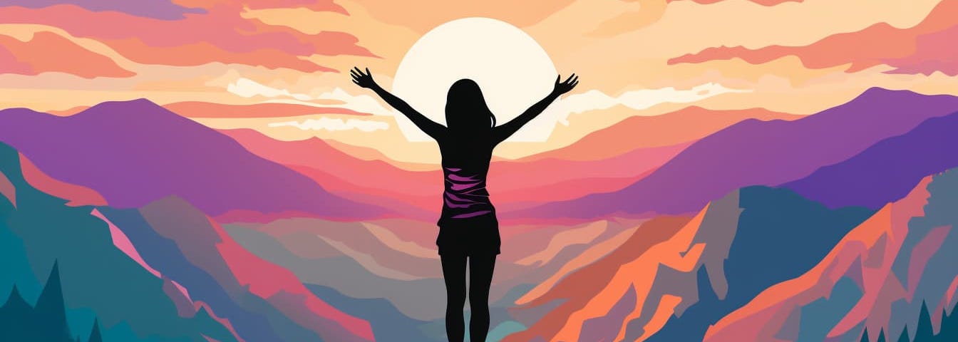pop art illustration of a woman standing on top of a mountain with her arms outstretched