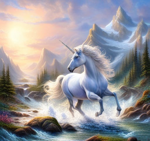 A gorgeous, pearly-white unicorn, leaping through a glacier, with radiant light bathing the whole scene.