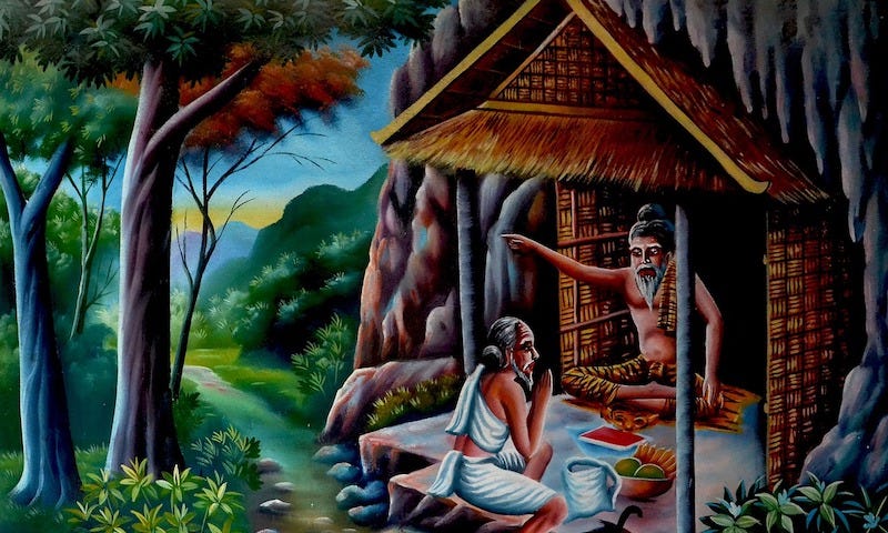 Oil painting depiction of a guru in his little house