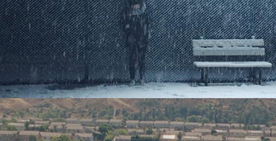 Top half: Still of a woman looking down in front of a wire fence at night during heavy snowfall. She stands to the left of a bench, illuminated by an off-screen lamppost. Bottom half: Still of a car parked to the side of a road running through a sunny desert. A suburban neighbourhood lies in the background.