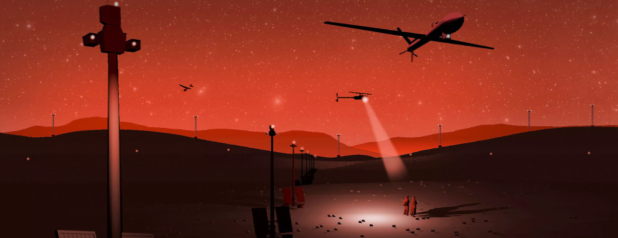 Digital graphic of planes, drones, and surveillance systems overlooking a barren border at night.