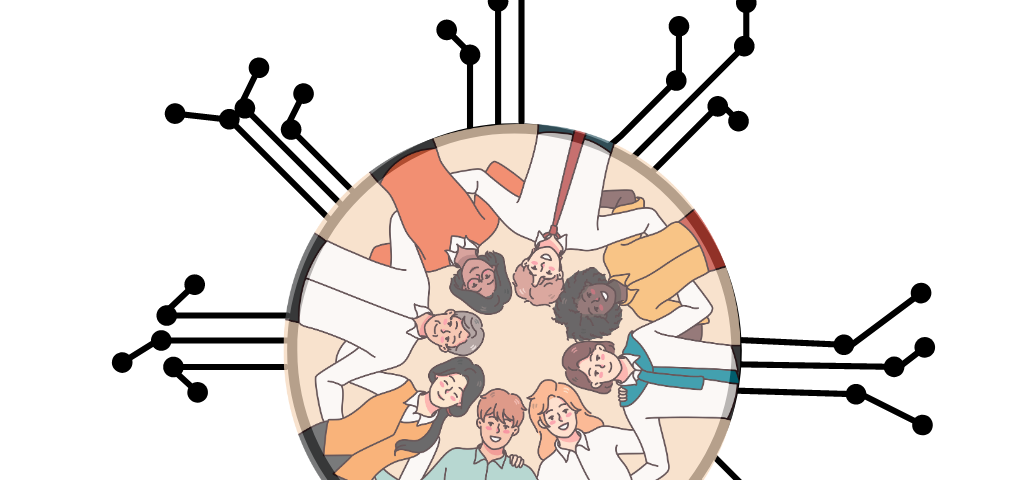 Illustration of a group of people representing a society in the middle of a digitalized circle