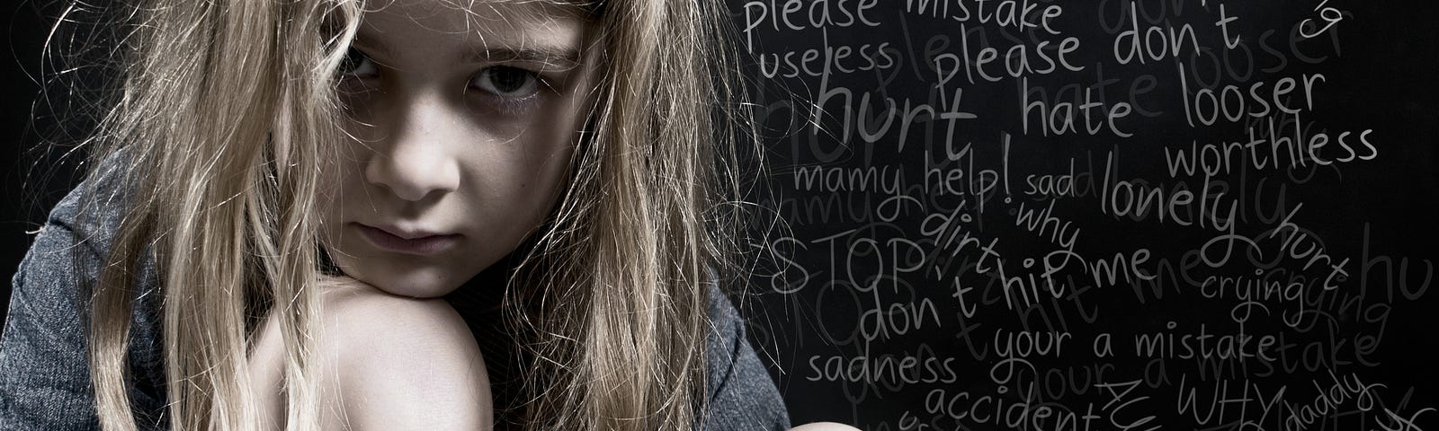 a young girl who has been abused, and her all feelings written on a nearby chalkboard