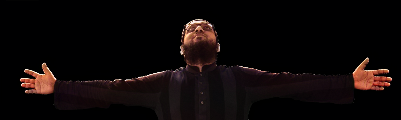 Benzir Ahmed with his arms outstretched in front of a black background. In the top of left corner , there is a logo of Benzir Ahmed and in the blow overlay texts are Benzir Ahmed and his designation Writer and Educator