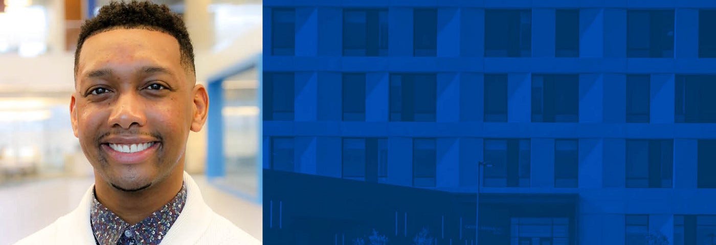 Headshot of Steven Johnson Jr., Assistant Dean of DEIB in the KU School of Business, to the left of an image of Capitol Federal Hall that has a KU blue color overlay