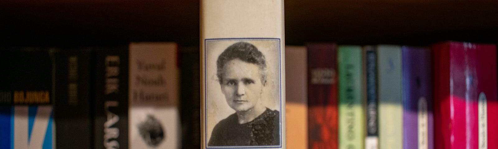 Uma estante com livros, com destaque para o livro “Marie Curie: uma vida”.