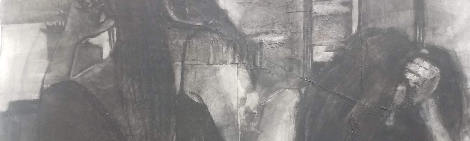 A self-portrait of a girl in two positions. One sitting in front of a window. The other clutching her head.