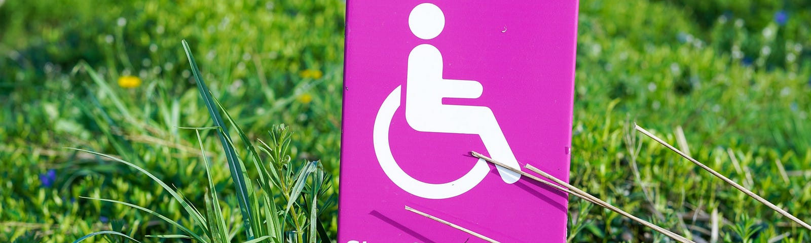 Magenta sign on green grass, with the disability symbol, the text “Step free route” and an arrow pointing to the right