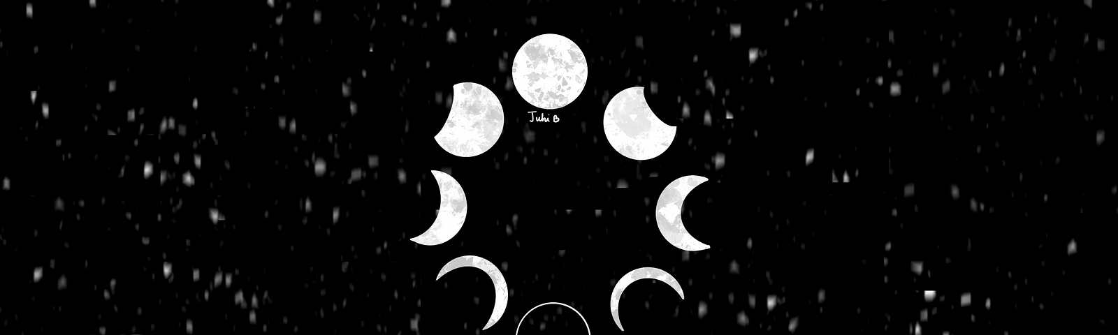 Art of the phases of the moon arranged in a circle, from a full moon on top to a new moon on the bottom and circling back to the full moon on top