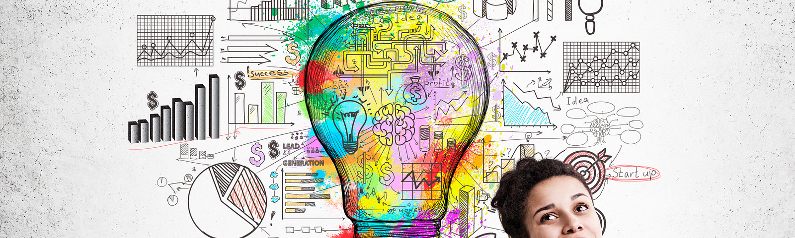 A sketch of a lightbulb with charts and graphs and words about business growth and a woman in the lower right corner with a smile on her face, thinking.
