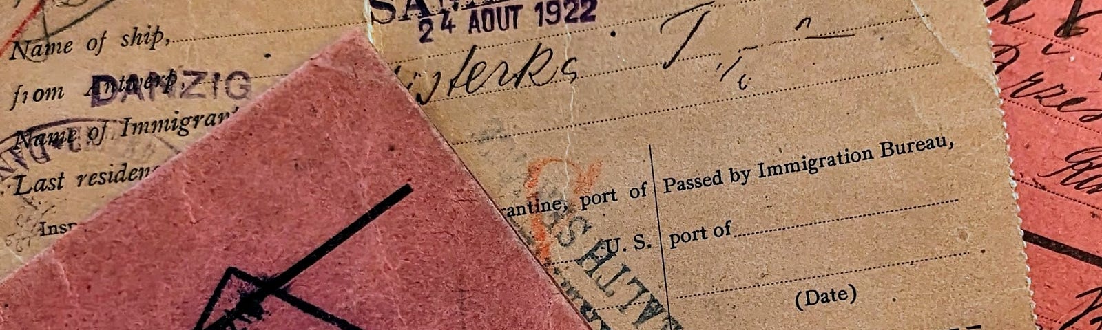 Hundred-year-old travel documents from Europe to Ellis Island.