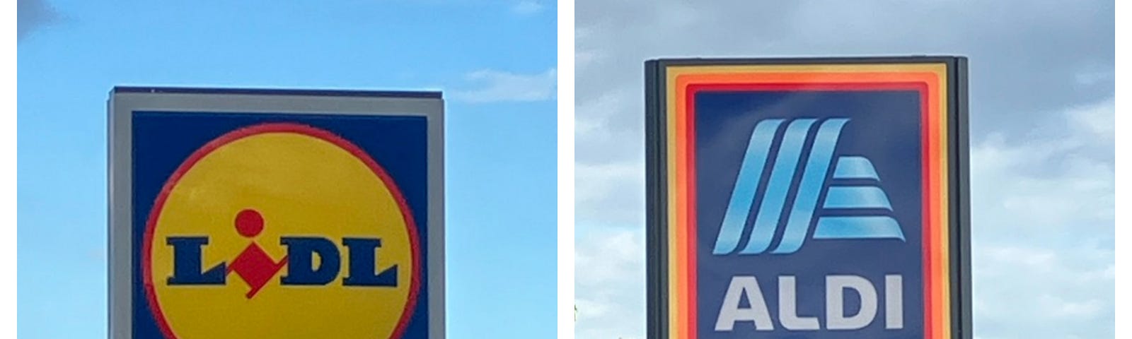 Side-by-side photo of lidl and aldi signs.