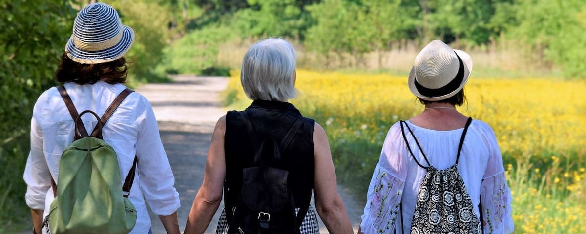 three women walk hand-in-hand down a path by a meadow
