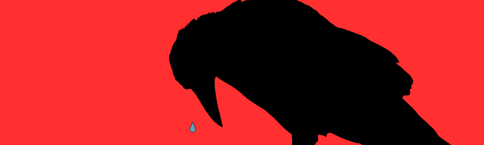 A silhouette of a crow on a red background with a single tear falling