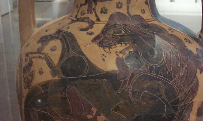 A Chimera mixing a Goat and a Lion on an Ancient Greek Vase in the Athens Museum.