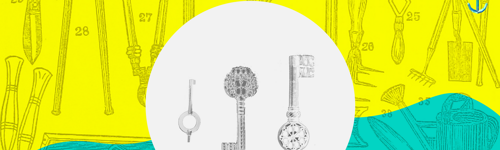 3 keys over a background of an illustration of tools