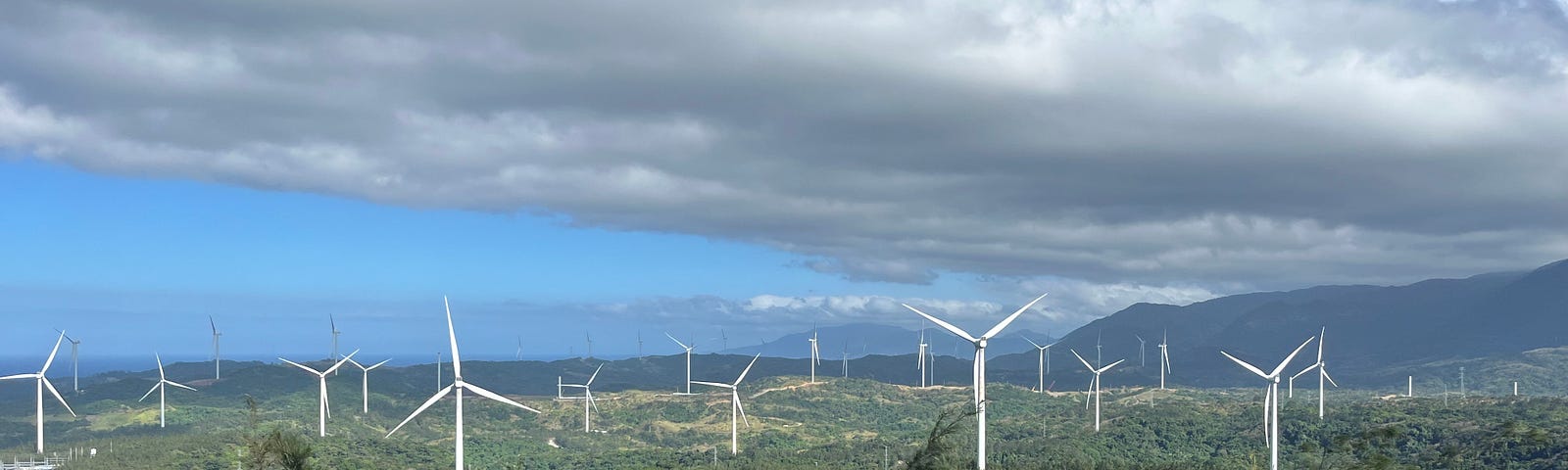 A series of windmills in a forest with mountains in the far distance.