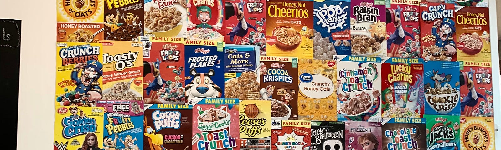 Cereal box covers on wall