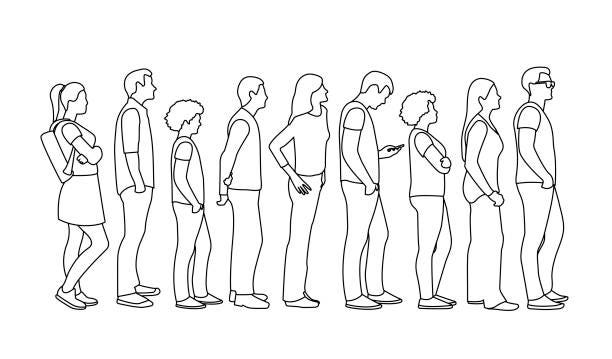 A hand-drawn line of people standing and waiting for their turn to do something.