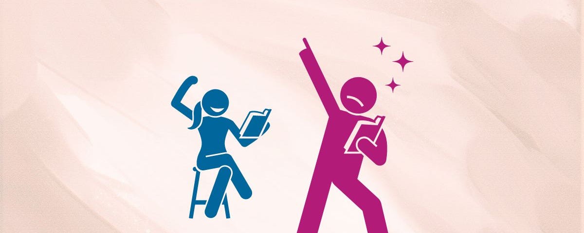 Two people benefiting from self-help books: a blue graphic of a woman sitting down and a pink graphic of a man pointing at the sky with a self-help book in hand
