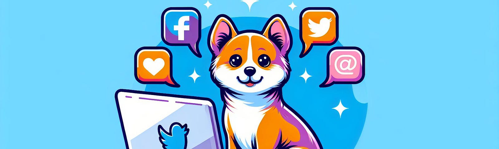A cute pet (dog or cat) sitting in front of a laptop with social media icons on the screen, representing the concept of turning your pet’s cuteness into a thriving online presence.