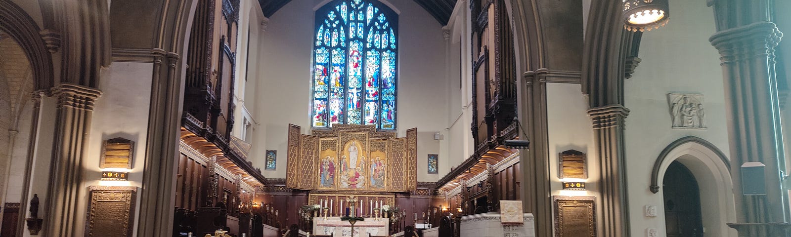 The chancel of a neo-gothic church.