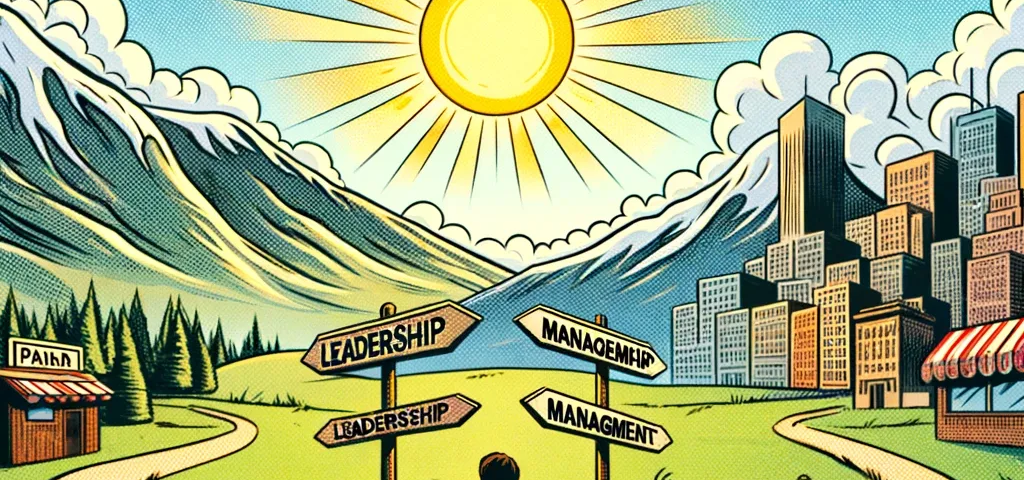 Cartoon of individual at a career fork: leadership hill vs. management city