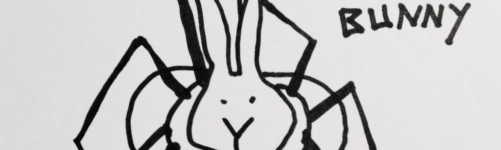 A a simple line drawing cartoon of a spider with a rabbit’s head. The words Spider Bunny are in the upper right corner. Art by Doodleslice 2014