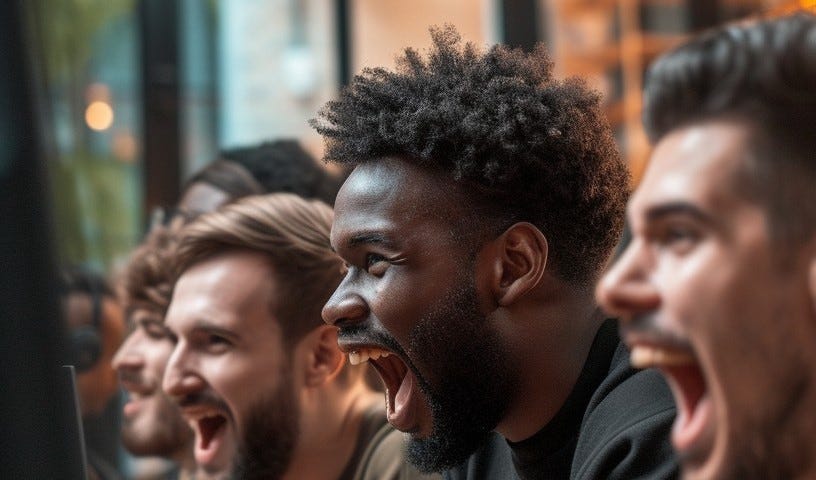 A group of young men express excitement.