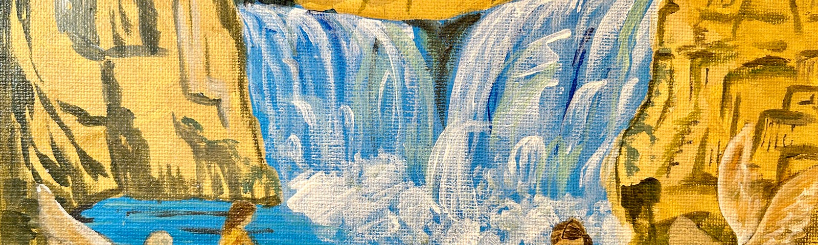 Painting depicts a cascading waterfall, humans and angels work together downstream to fill sacred clay vessels with the source water