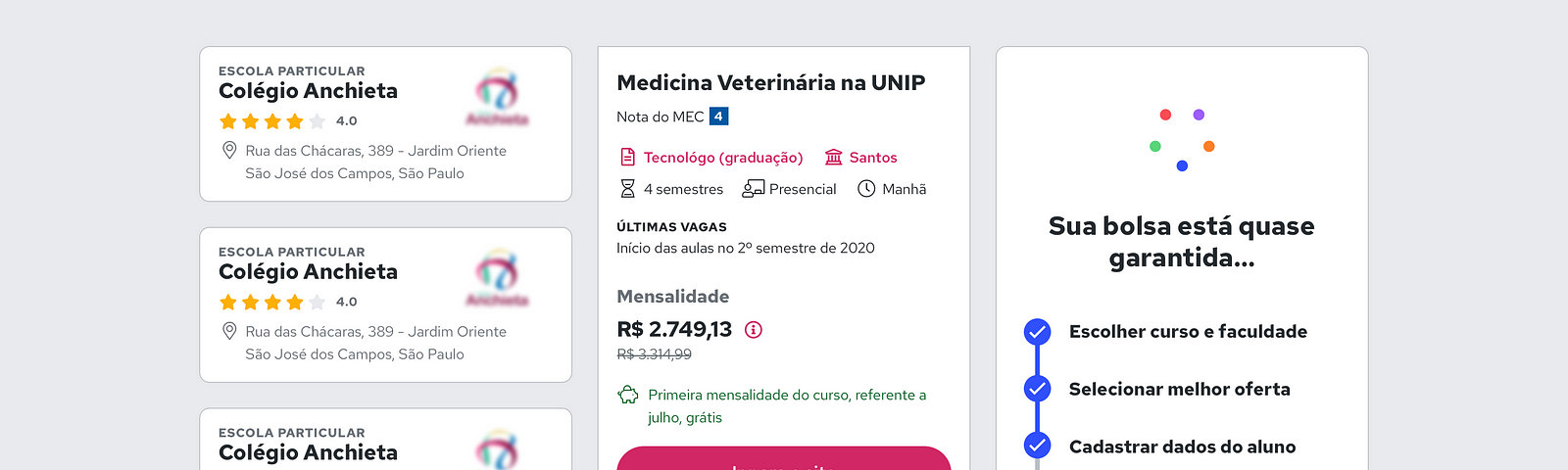 Três colunas de exemplos de diferentes cards utilizados em três diferentes produtos da Quero