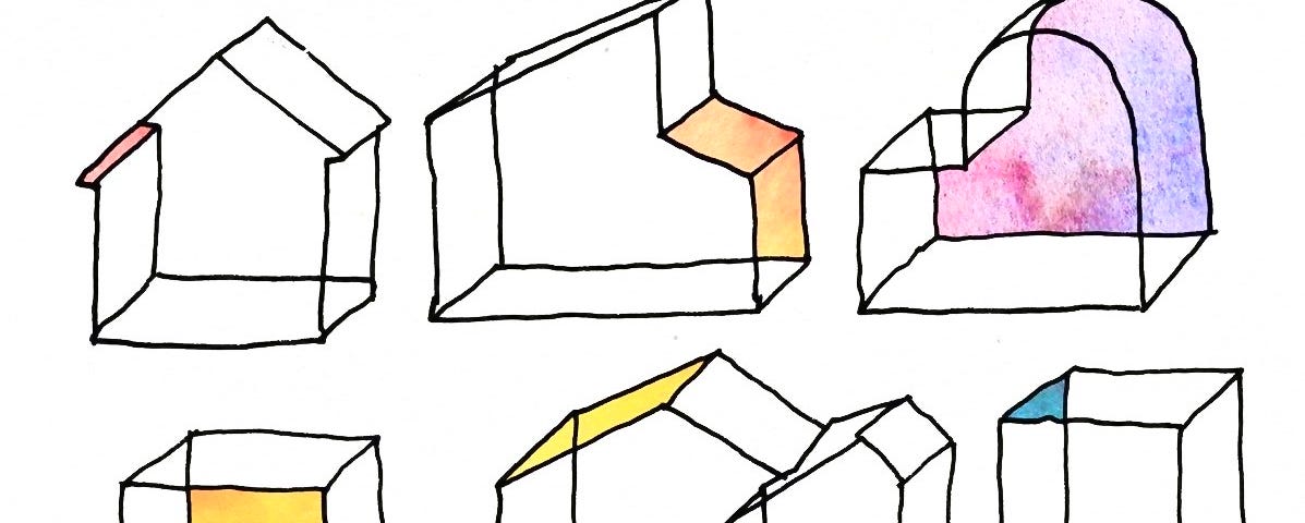 Poetics of space book cover, illustrated by Nick Misani, a series of line drawings of three dimensional shapes with different areas filled in with colour