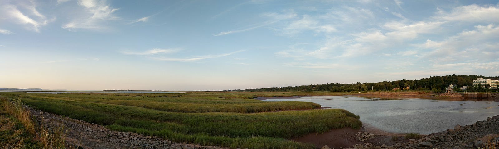 Green marshlands sweeping towards a body of water.