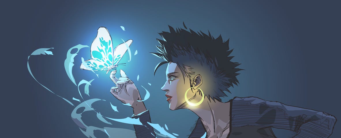 Image: Figure with spiked fair and glowing golden earrings peering at a glowing blue butterfly perched on their finger.