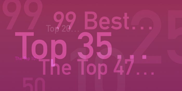 Illustration with text such as Top 35, 99 Best, The Top 10