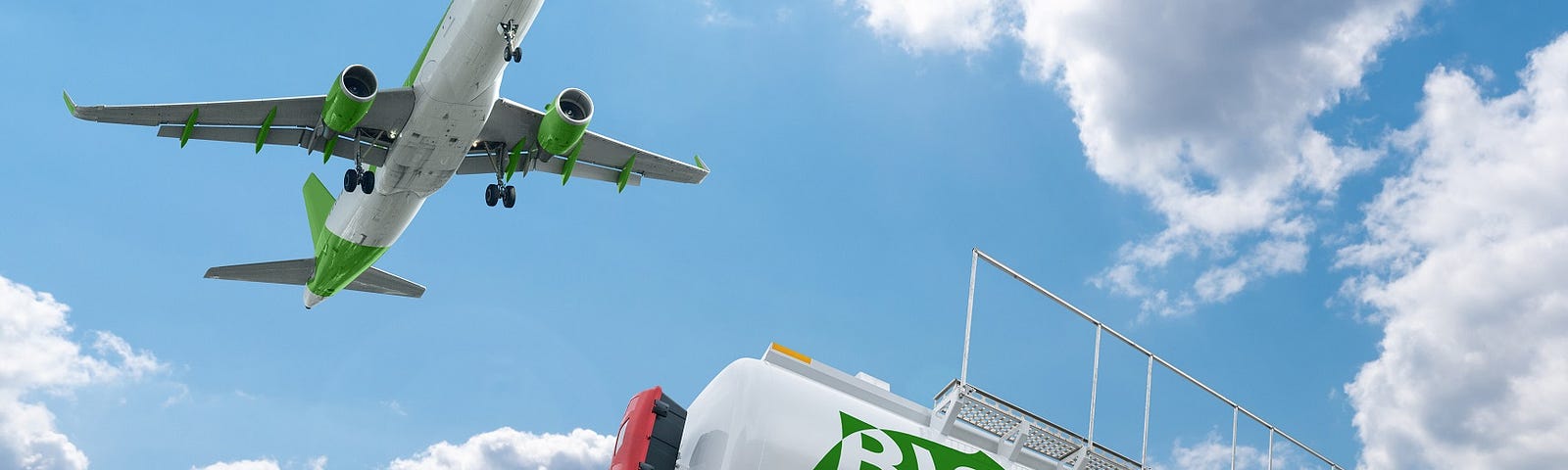 A commercial jet flying over a fuel tank labeled “biofuel.”