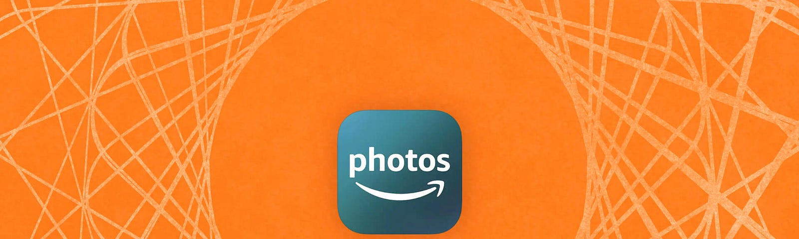 An illustration of the Amazon Photos iOS app icon surrounded by a spiderweb on a textured orange background.