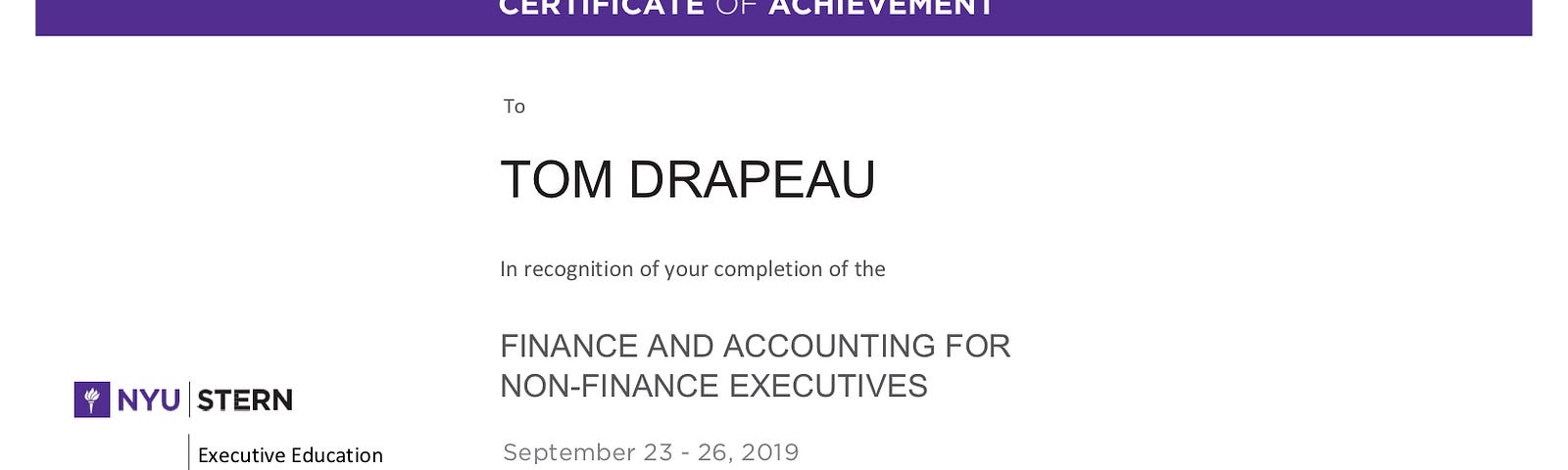 My completion certificate from the NYU Stern short course in Finance and Accounting.