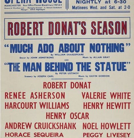 A poster with large text in red and blue advertising plays and the actors appearing in them.