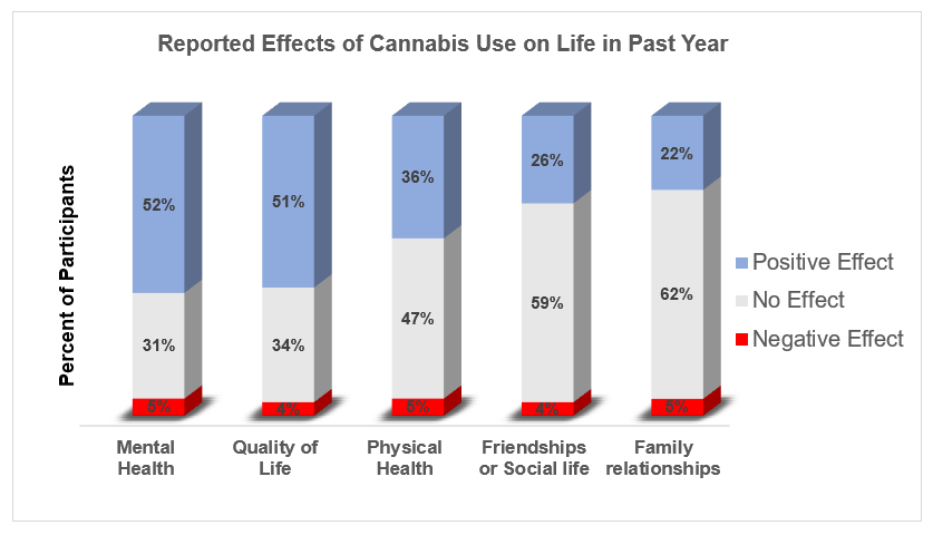 Graph displaying Reported Effects of Cannabis Use on Life in Past year. 52% of respondents said cannabis use had a positive effect on their mental health, and 51% said it had a positive impact on their quality of life. 47% said it had no impact on their physical health, 59% said it had no impact on their social life, and 62% said it had no impact on family relationships.