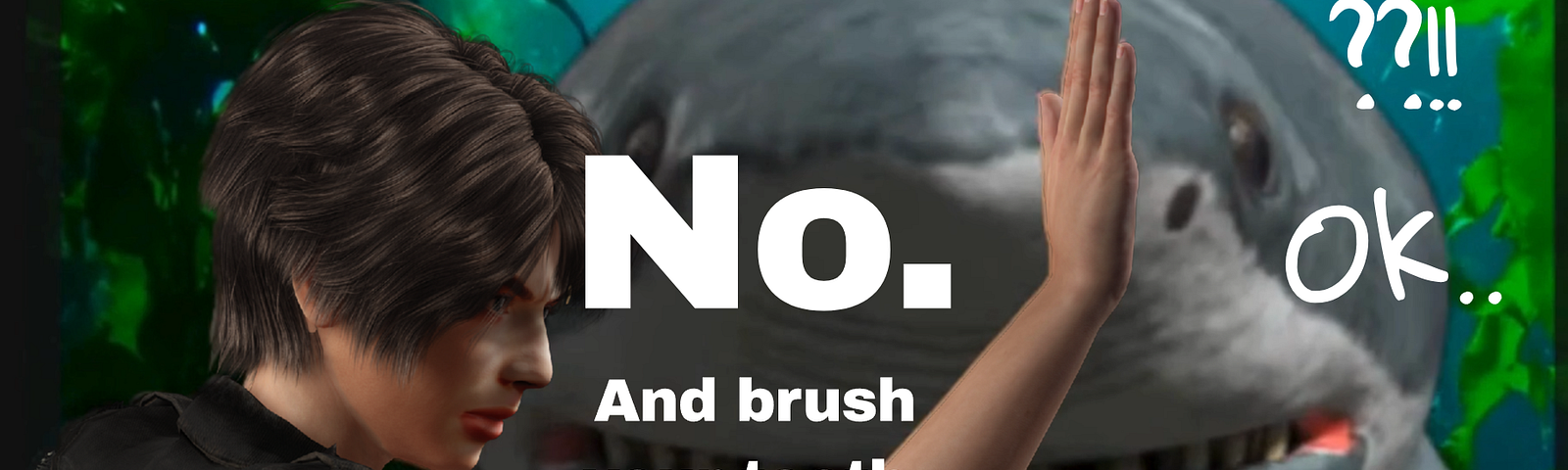 Young woman holding her palm in front of a ferocious shark. The caption reads ,”No.And brush your teeth”. It is a depiction of setting boundaries with toxic people.