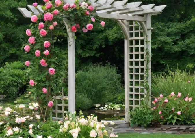 A white trellis with roses next to a pond with lilies